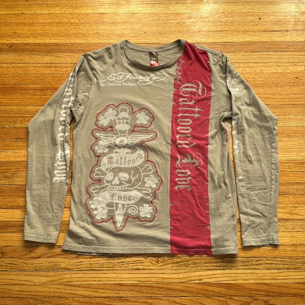 Vintage Y2K Ed Hardy Long Sleeve / Tattoo Love / AOP / Christian Audigier ( L )